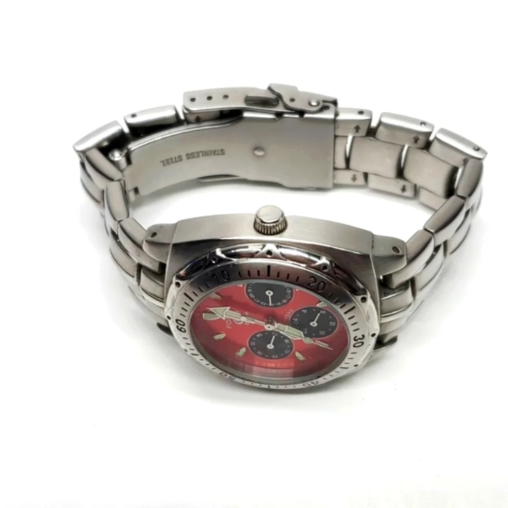 Fossil Blue Watch B9152 Silver Steel Wristband Red Face Chronograph Wat…